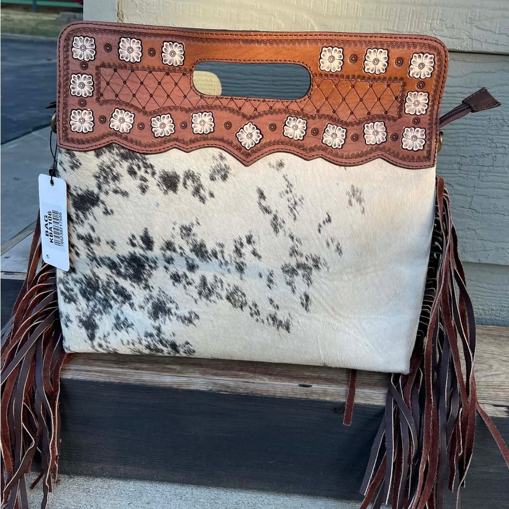 OHLAY Clutch Hand Tooled Hair on Genuine Leather Western Women Bag Handbag Purse